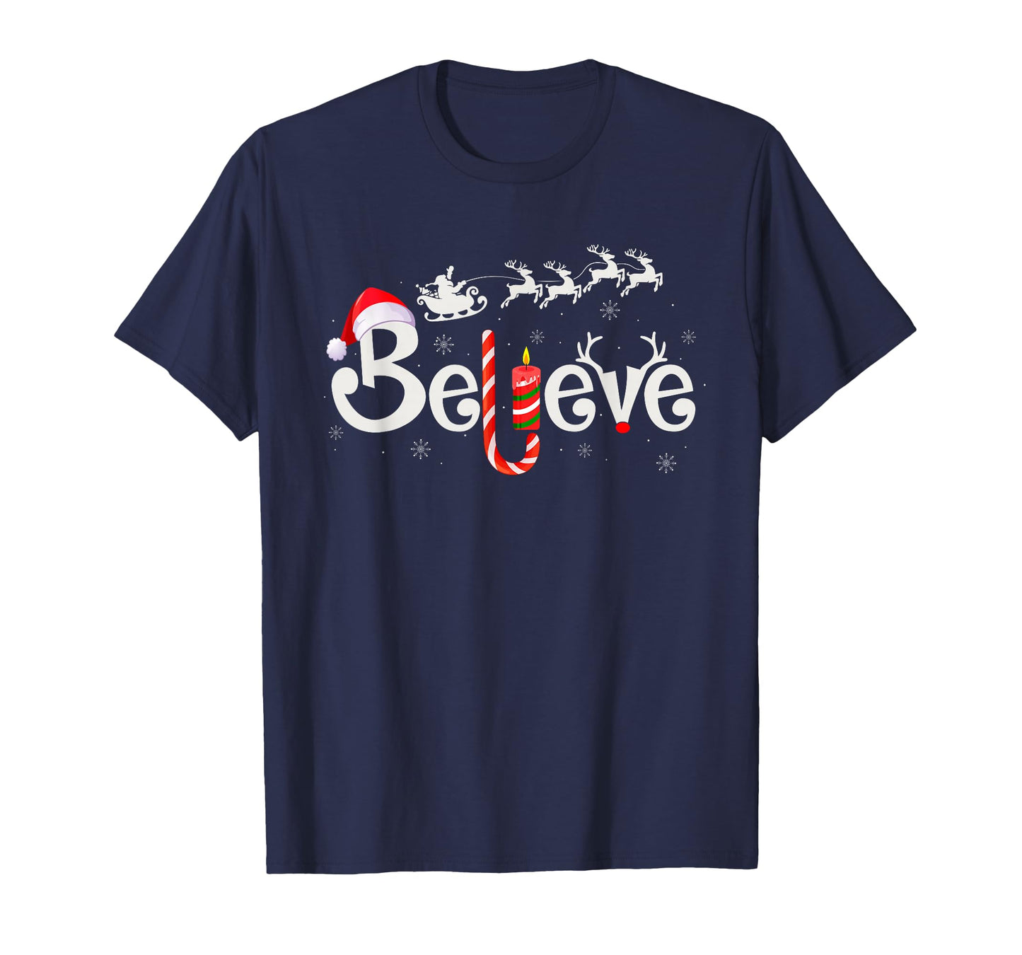 Believe Christmas Family Matching Reindeer Santa Sleigh Xmas T-Shirt