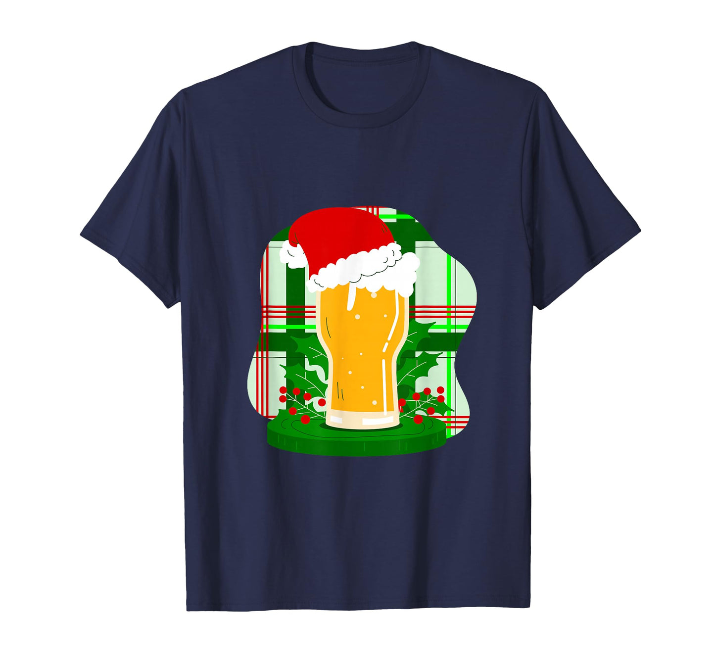 Ugly Christmas Beer Santa Claus Holly Plaid Funny Xmas T-Shirt