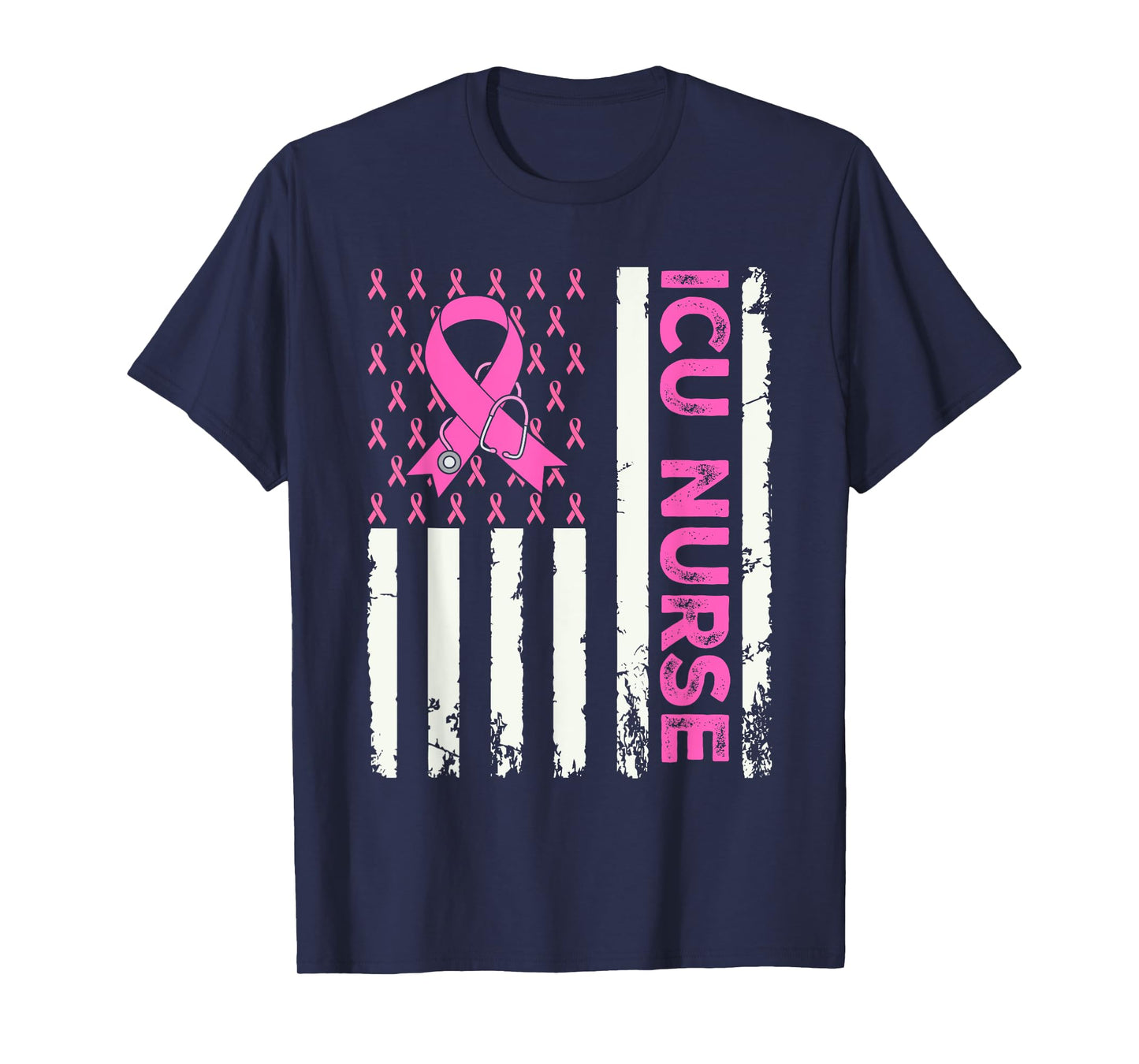 ICU Nurse American Flag Breast Cancer Awareness Pink Ribbon T-Shirt