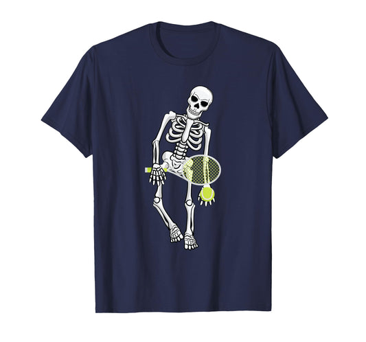 Skeleton Playing Tennis Lazy Halloween Costume Funny Sport T-Shirt