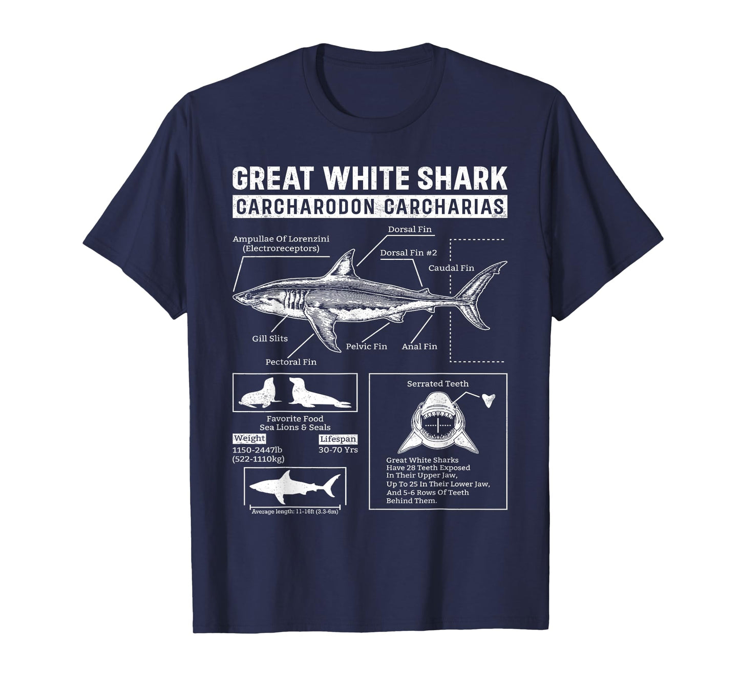Vintage Great White Shark Anatomy Lover Marine Biologist T-Shirt