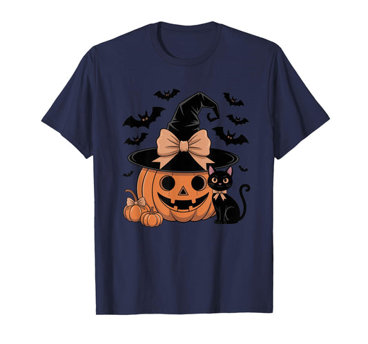 Fall Season Pumpkin Witch Hat Bow Halloween T-Shirt