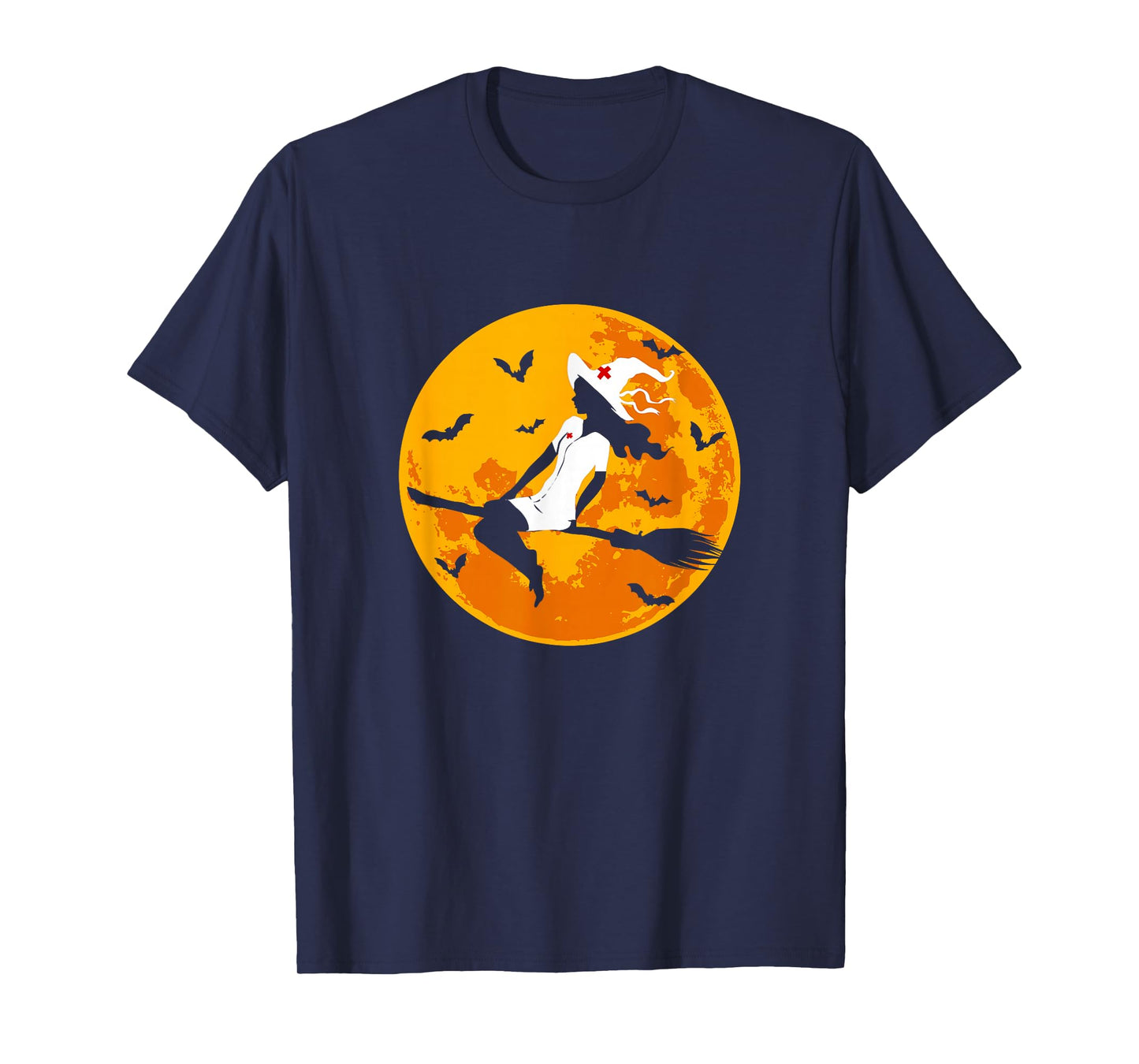 Flying Nurse Witch On Broomstick Halloween Full Moon T-Shirt
