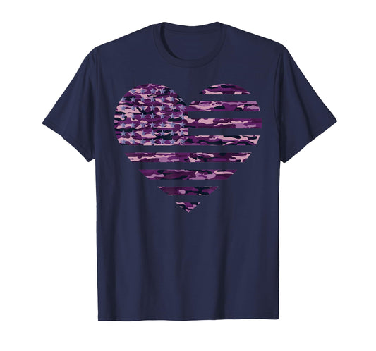 Camo American Flag Heart Camouflage Tactical Purple Military T-Shirt