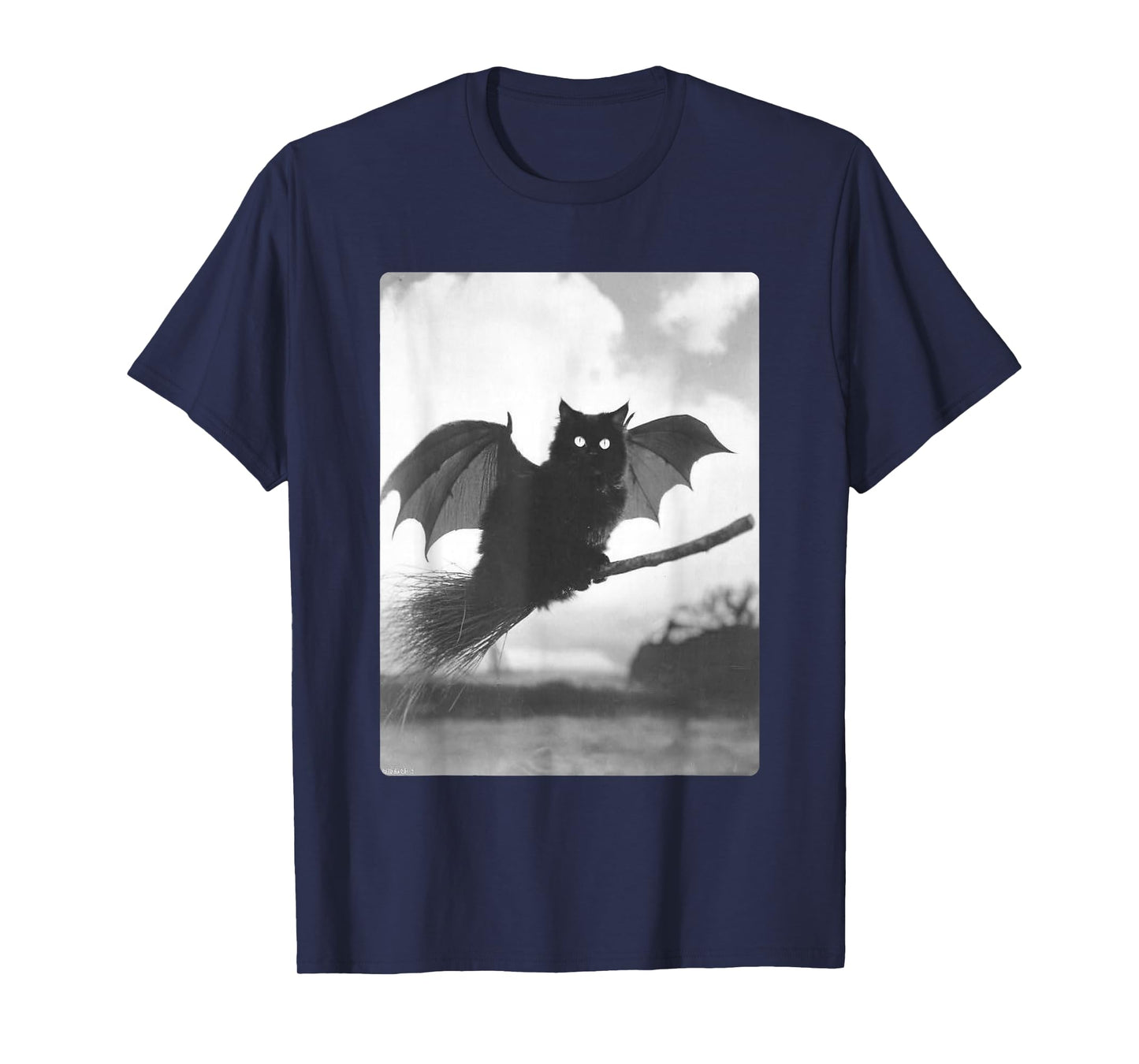 Black Cat Flying with Witch Broom Bat Wings Spooky Halloween T-Shirt