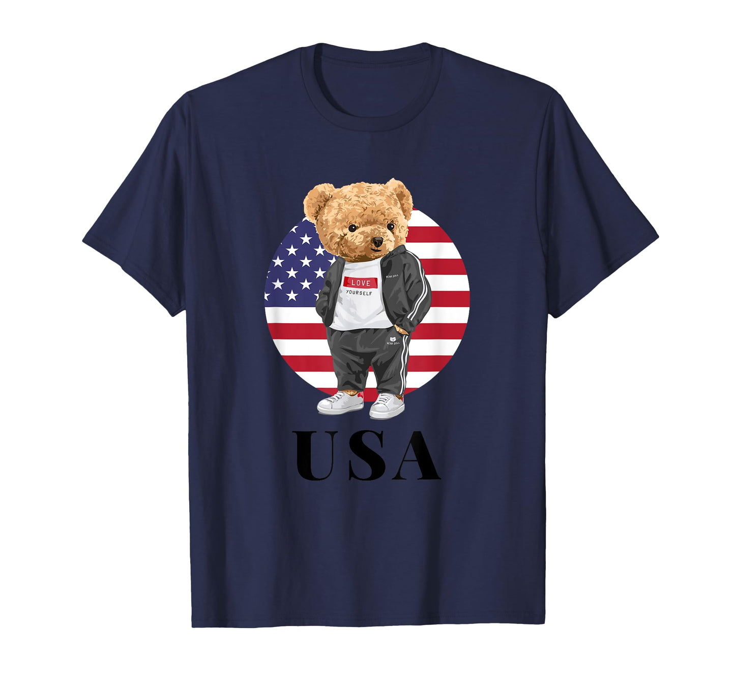 Love Yourself, Cool Illustration Teddy Bear With USA Flag T-Shirt
