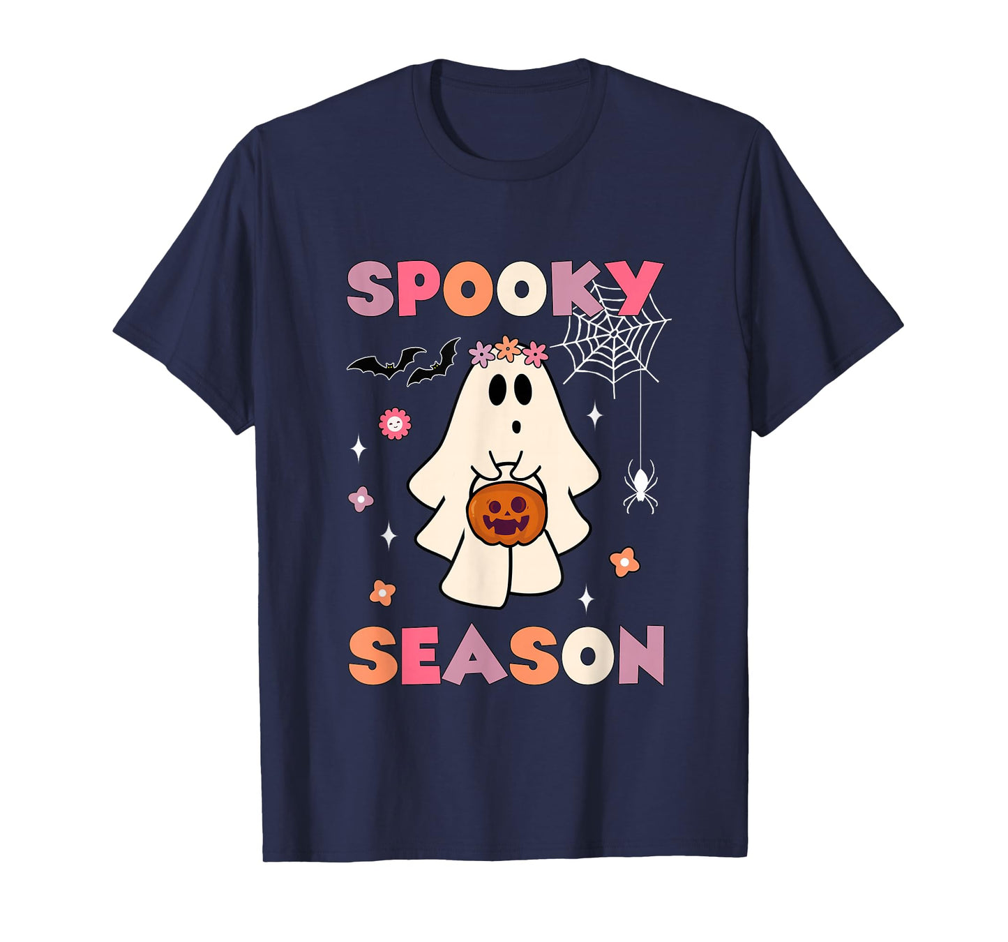 Funny Ghost Holding Pumpkin Halloween Groovy Spooky Season T-Shirt