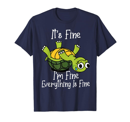 Vintage Cat Gift Store Unisex-Adult Black Cartoon Humor T-Shirt, It's Fine I'm Fine Everything Is Under Control Funny Turtle Tee, Small, Short Sleeve
