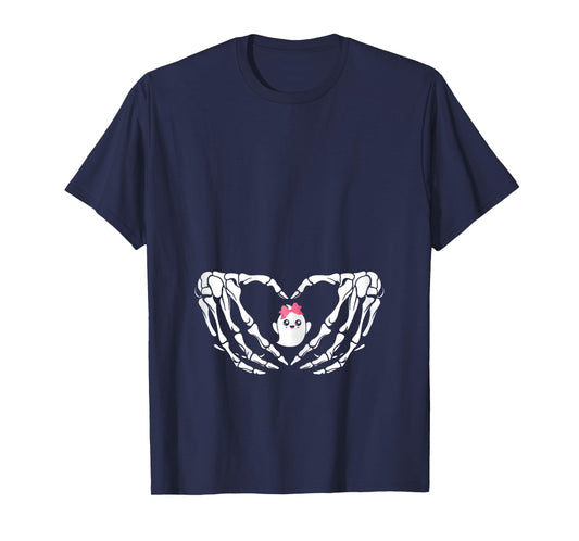Halloween Pregnant Mom Cute Pink Bow Baby Girl Ghost New Mom T-Shirt