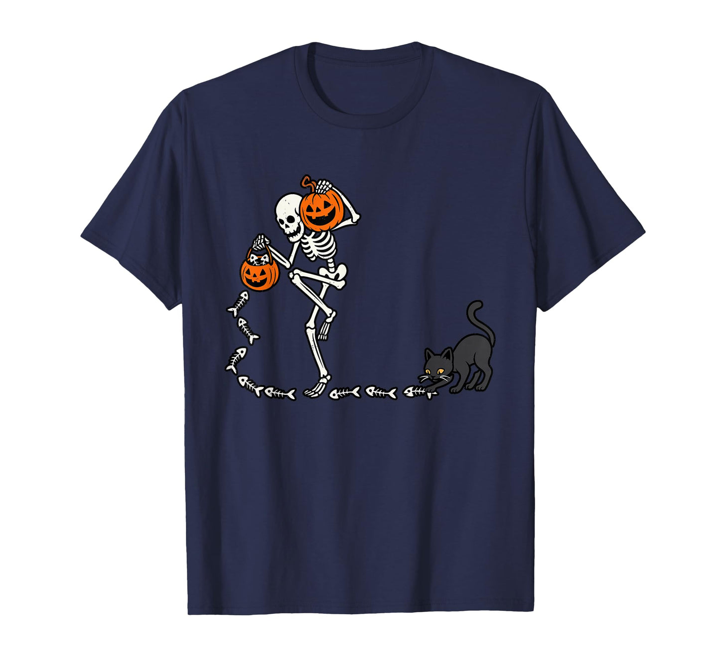 Skeleton Pumpkin Black Cat Halloween Funny Spooky Season T-Shirt