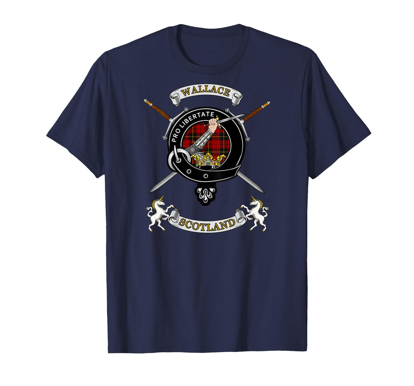 Wallace Clan Badge Tartan & Swords (back) T-Shirt
