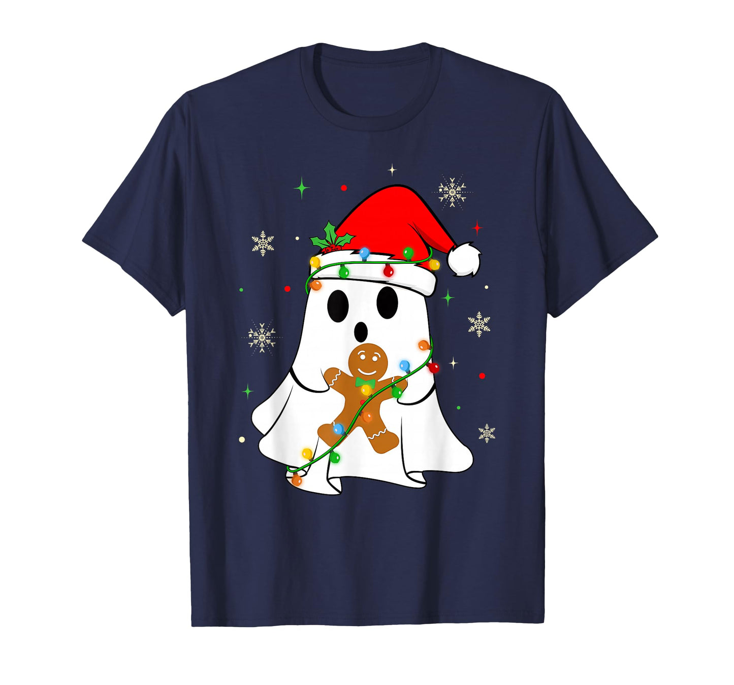 Spooky Ghost Christmas Lights Santa Hat Funny Boo Ghost Xmas T-Shirt