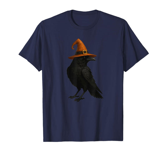 Cute Raven Crow with Witch Hat Spooky Halloween Bird Design T-Shirt