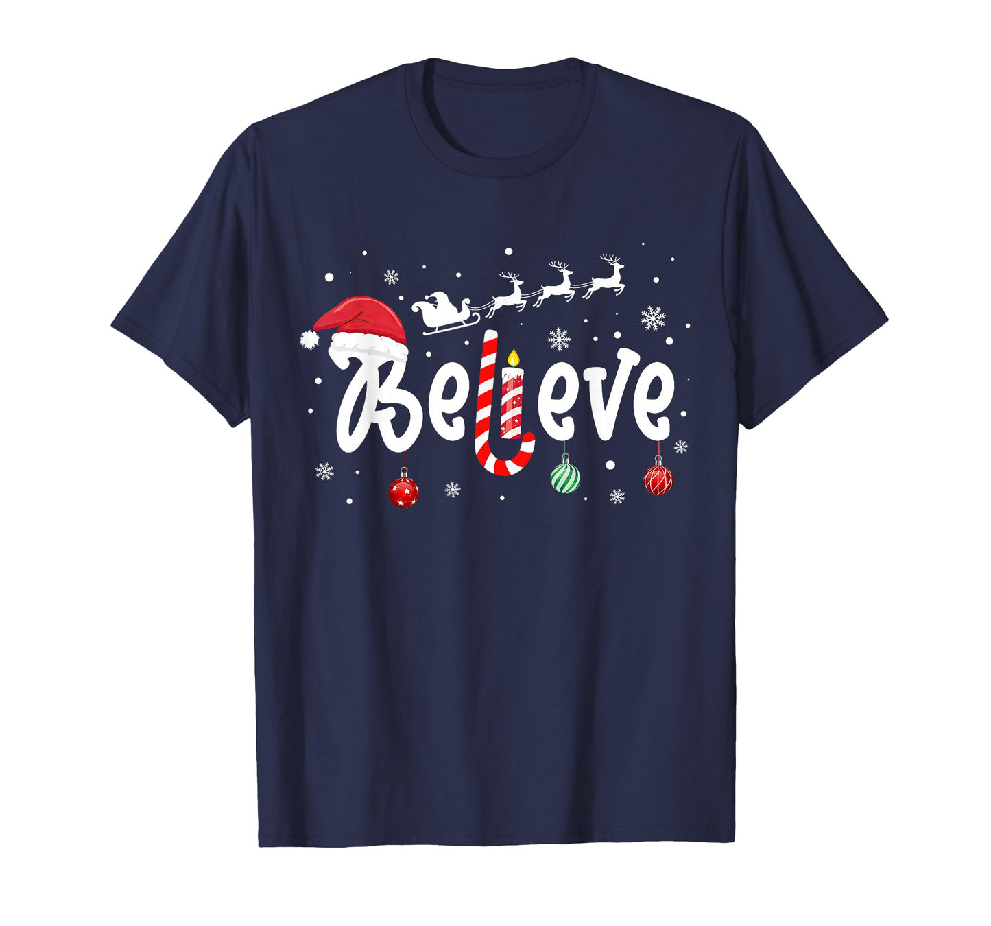 Believe in Santa Christmas Reindeer Candy Cane Xmas Holiday T-Shirt