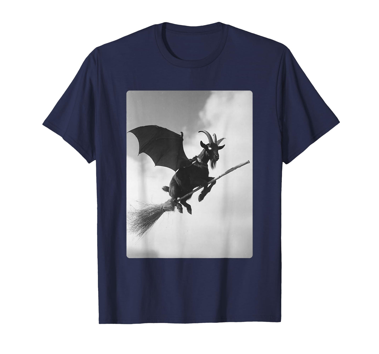 Gothic Goat Flying Witch Broom Bat Wings Spooky Halloween T-Shirt