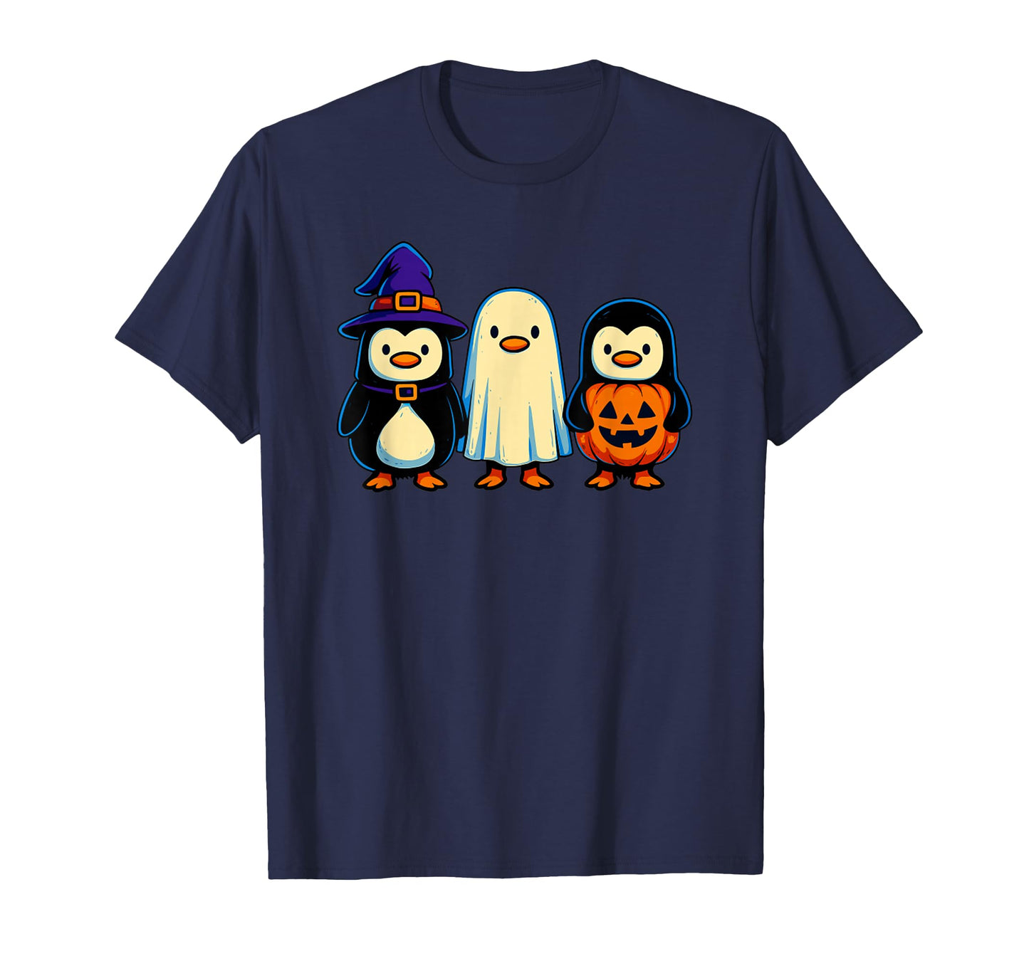 Funny Penguin Witch Ghost Pumpkin Funny Halloween T-Shirt