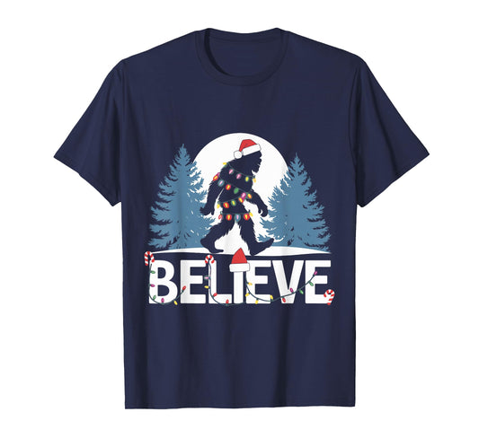 Santa Bigfoot Christmas Lights Funny Sasquatch Believe Xmas T-Shirt