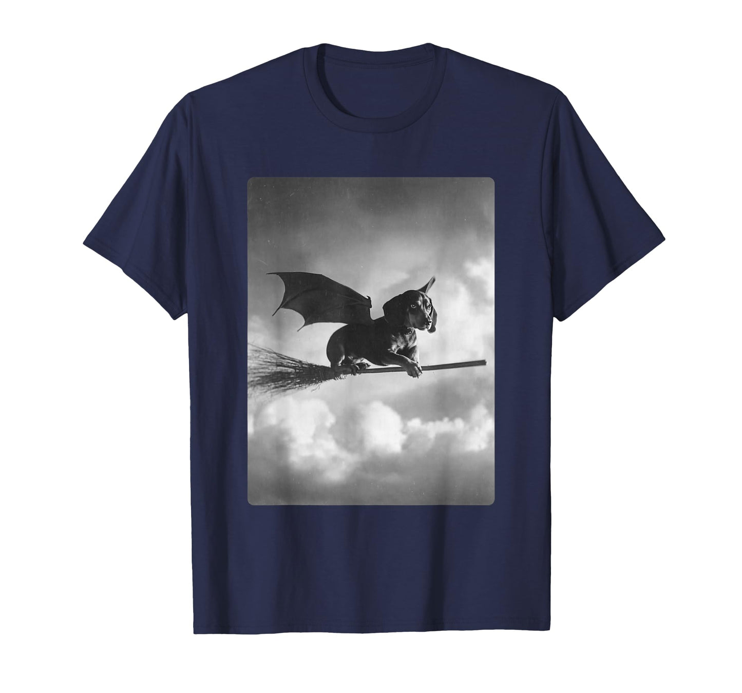 Gothic Beagle Flying Witch Broom Bat Wings Spooky Halloween T-Shirt
