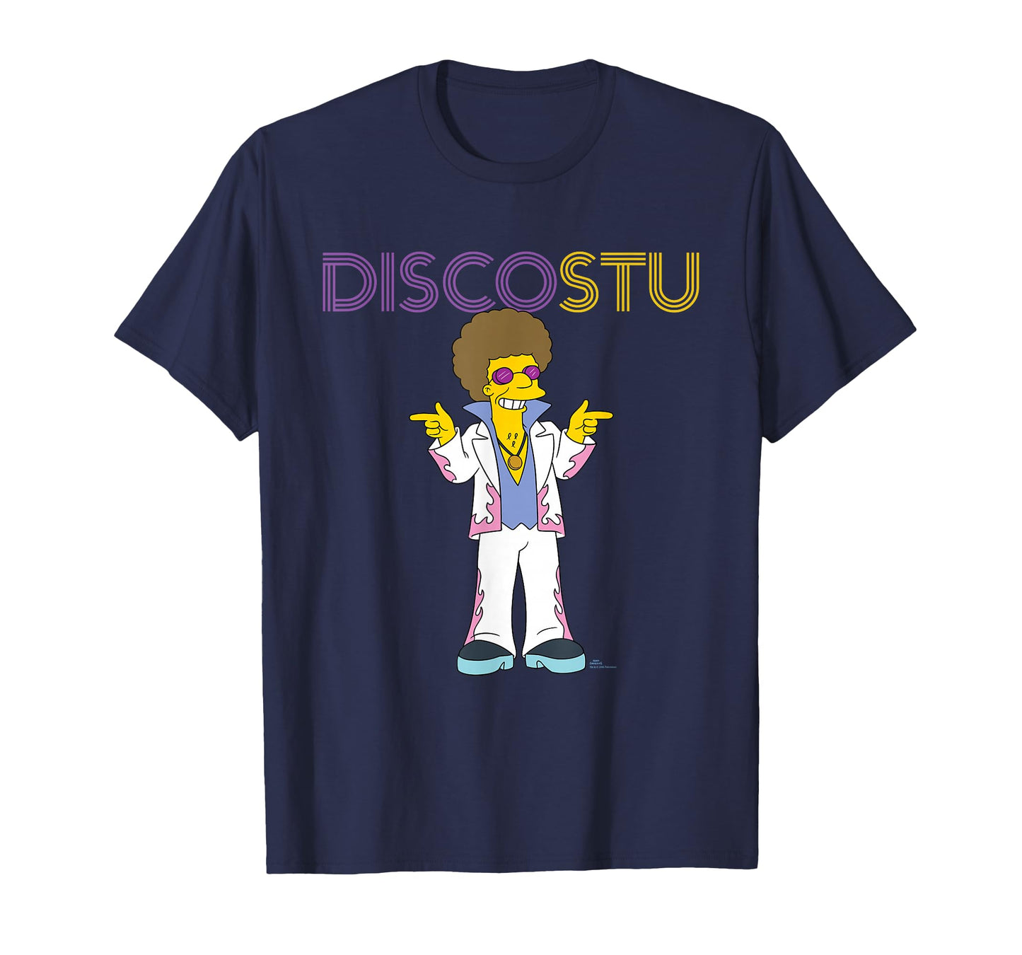 The Simpsons Disco Stu T-Shirt - Unisex-Adults & Kids - Black - Small - Short Sleeve - Crew Collar - Neon Name in Lights Design