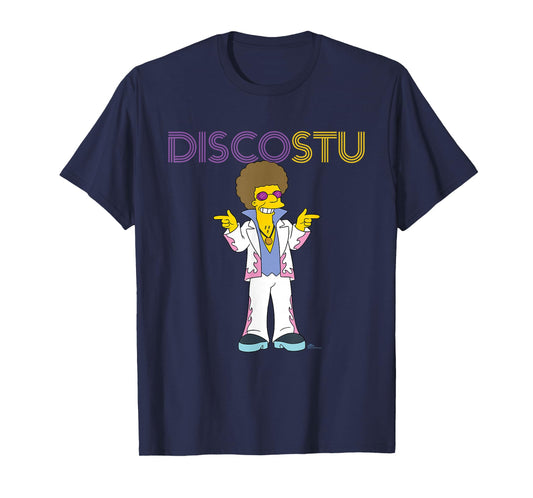 The Simpsons Disco Stu T-Shirt - Unisex-Adults & Kids - Black - Small - Short Sleeve - Crew Collar - Neon Name in Lights Design