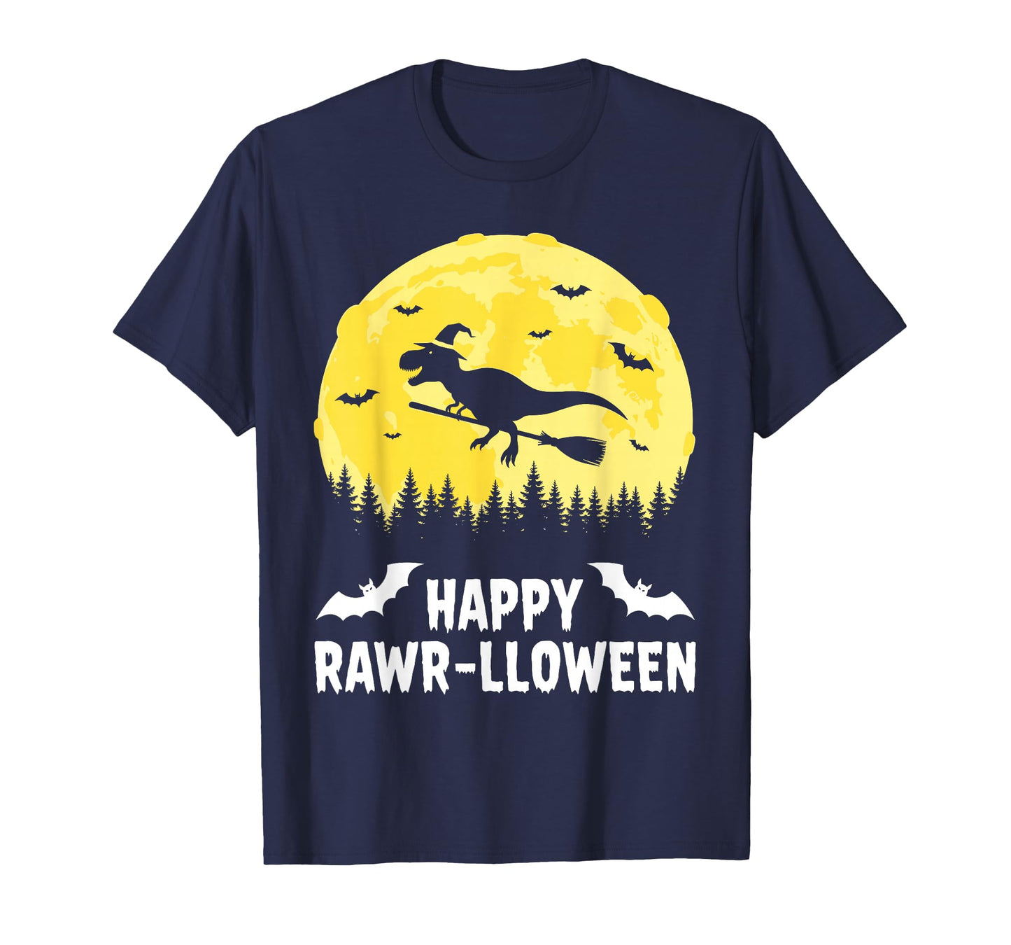 Happy Rawr-lloween Funny Halloween T Rex Flying Witch T-Shirt
