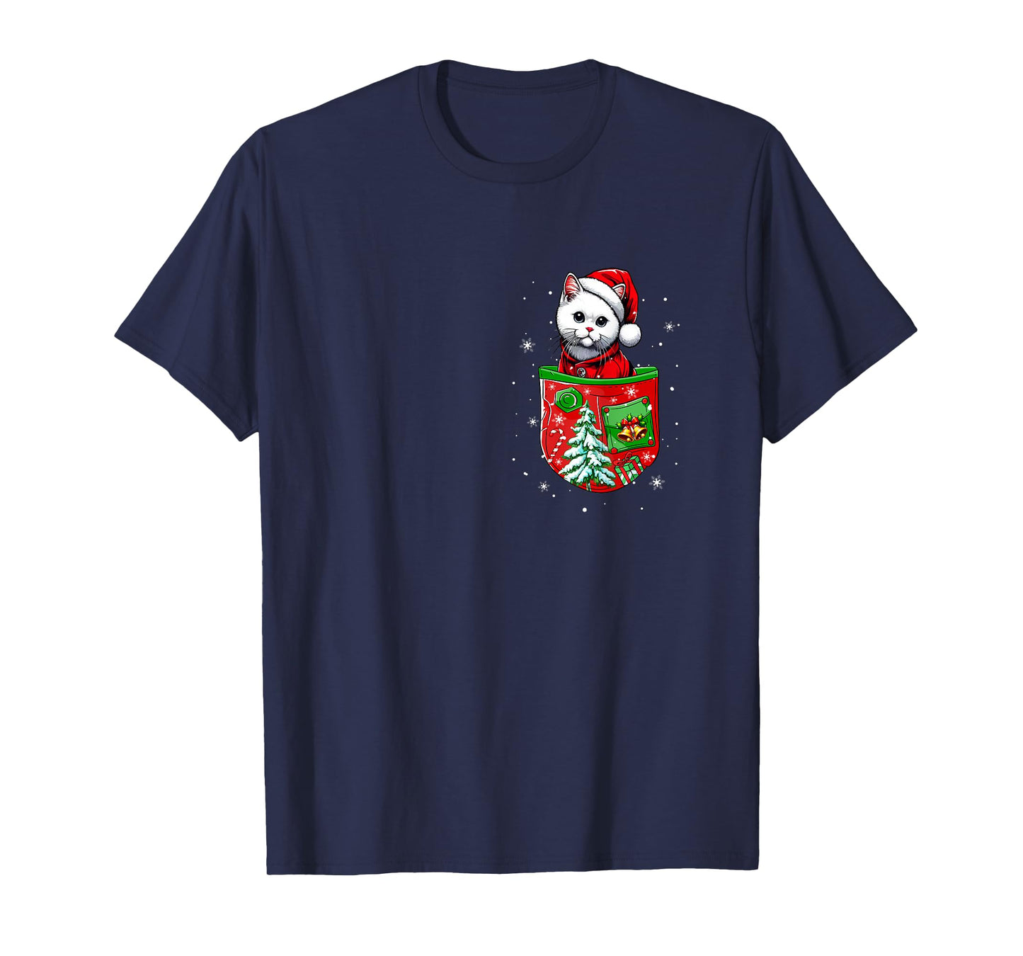 Santa Cat in Pocket Owner Christmas Tree Bells T-Shirt