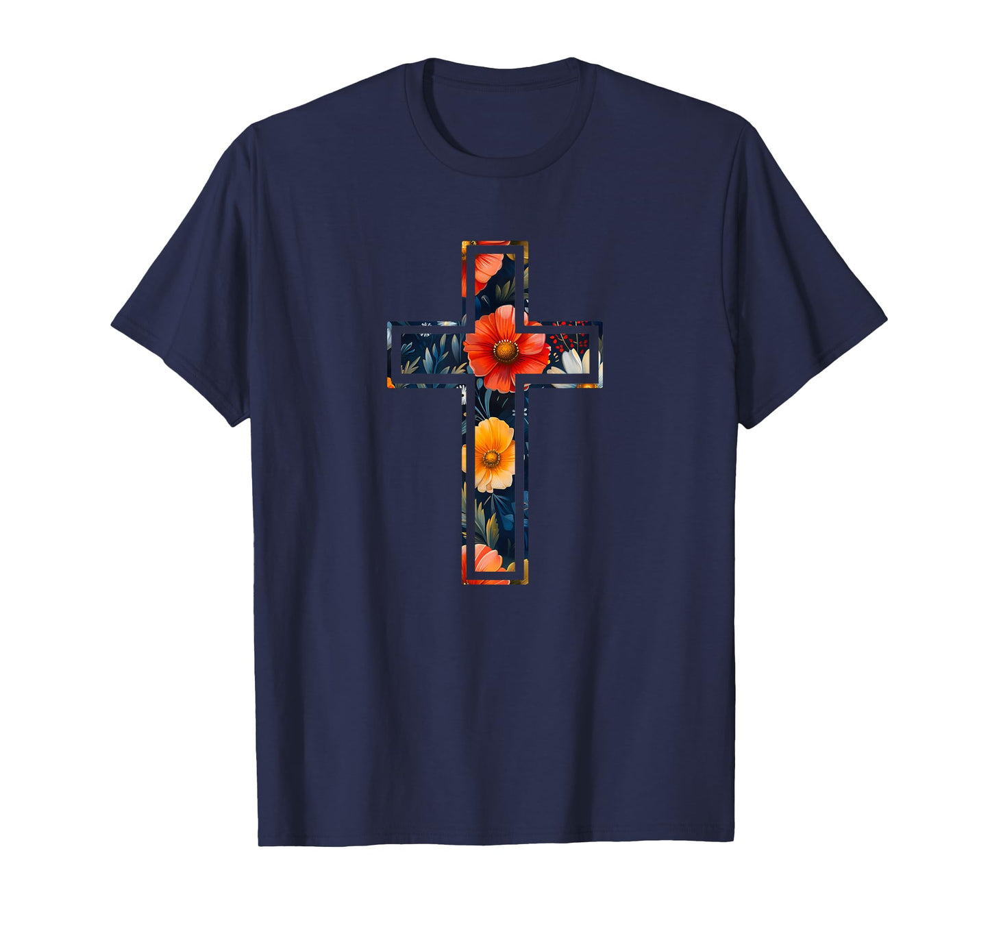 Elegant Silhouette Flowers Faith Floral Christian Cross T-Shirt