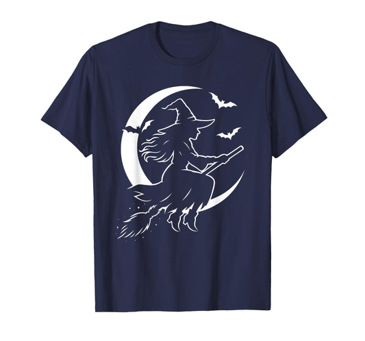 Halloween Witch on Broom Moon Silhouette Spooky Samhain Art T-Shirt