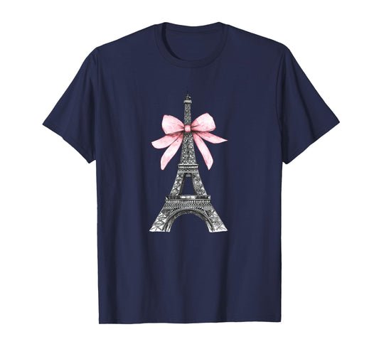 Romantic Paris Eiffel Tower with Pink Bow Vintage Art T-Shirt