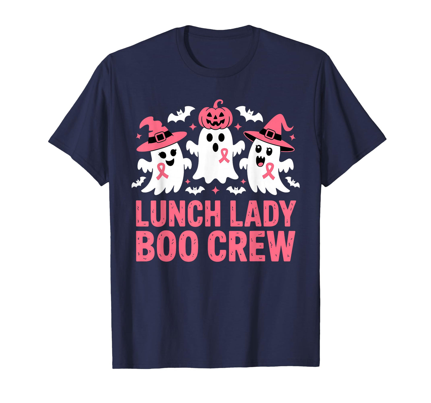 Vintage Lunch Lady Boo Crew Halloween Ghost Pink Ribbon Tees T-Shirt
