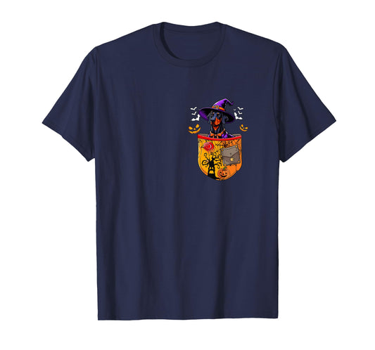 Dobermann As Witch in Pocket Halloween Dog Owner Family T-Shirt