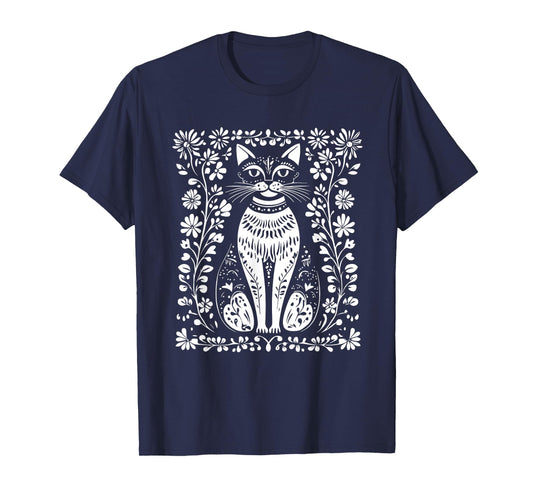 Cat Lovers Folk Art Cat Floral T-Shirt