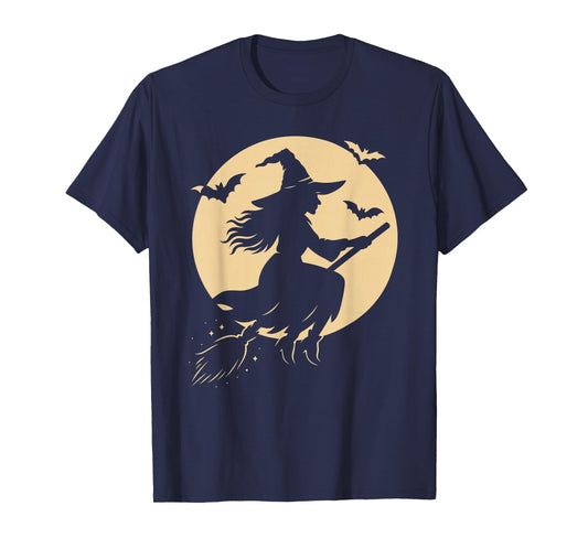 Halloween Witch on Broom Moon Silhouette Spooky Samhain Art T-Shirt