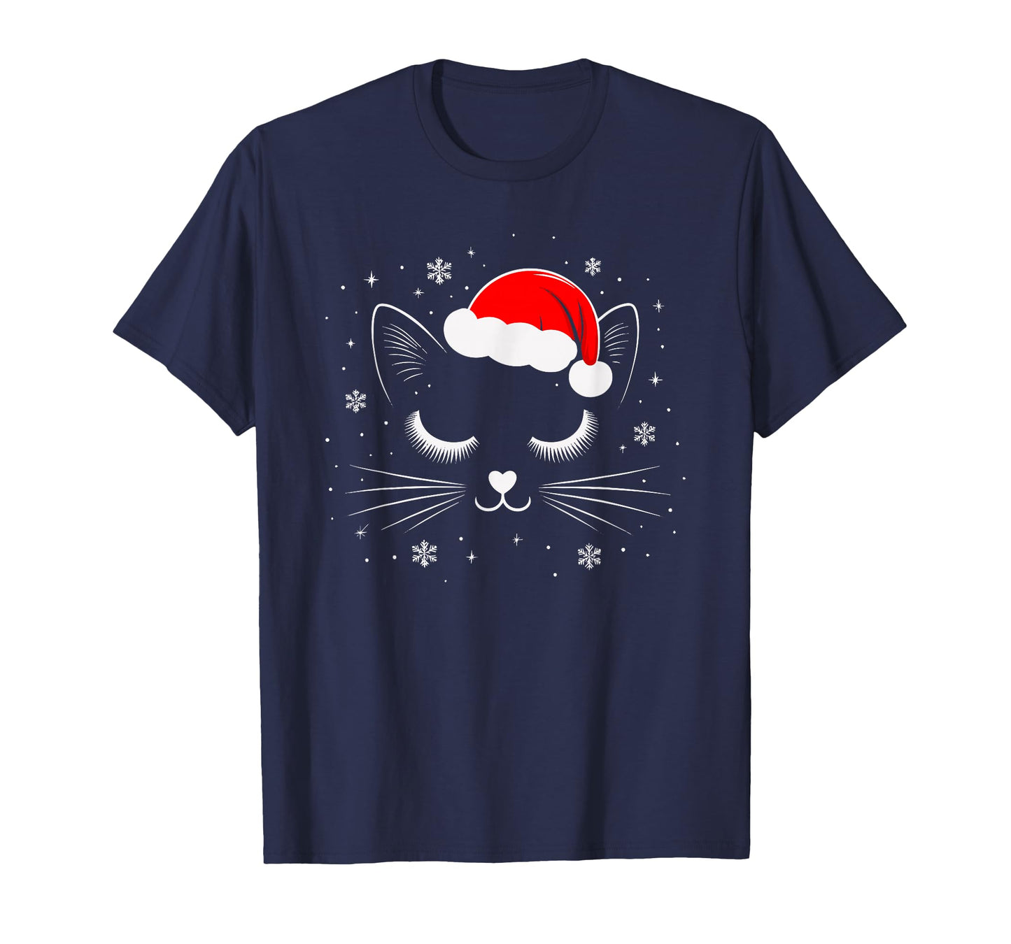 Cute Cat Face Christmas Santa Hat Xmas Women Girls T-Shirt
