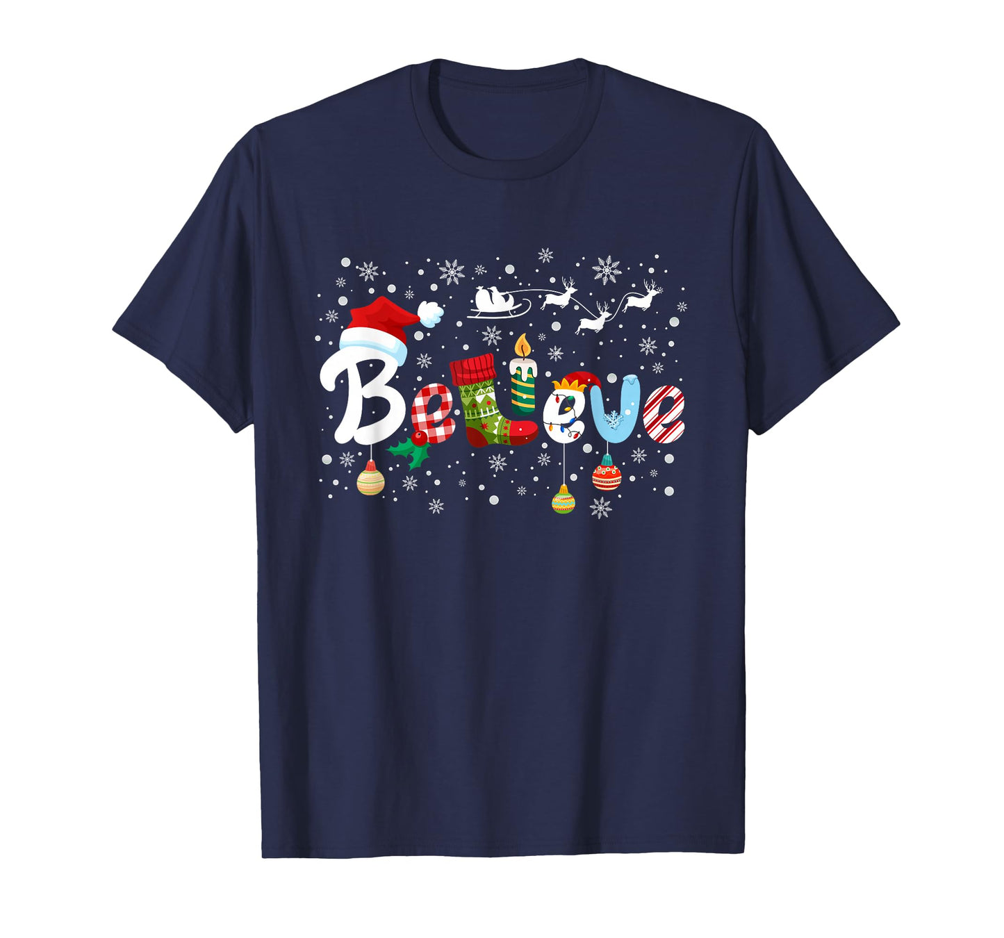 Believe Christmas Santa Sleigh Reindeer Xmas Candy Cane T-Shirt