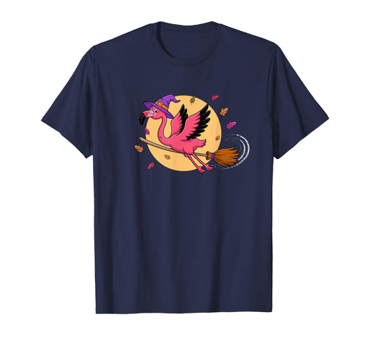 Funny Halloween Flamingo Witch Flying on Broom Costume T-Shirt