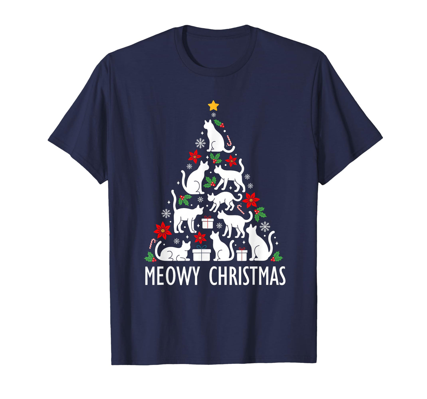 Meowy Christmas Tree Cat Santa Xmas Family Matching Pajamas T-Shirt