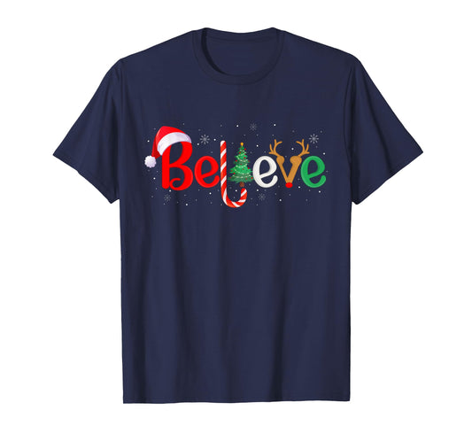 Believe Xmas Family Matching Funny Reindeer Santa Christmas T-Shirt