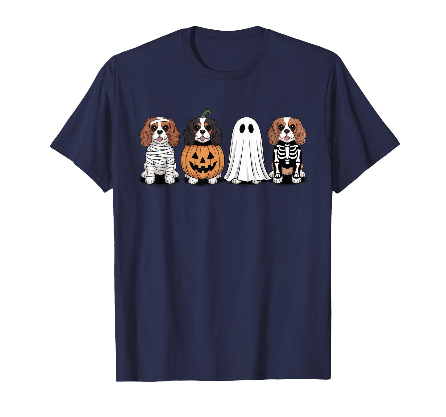 Spooky Ghost Cavalier Dog Pumpkin Halloween Skeleton T-Shirt