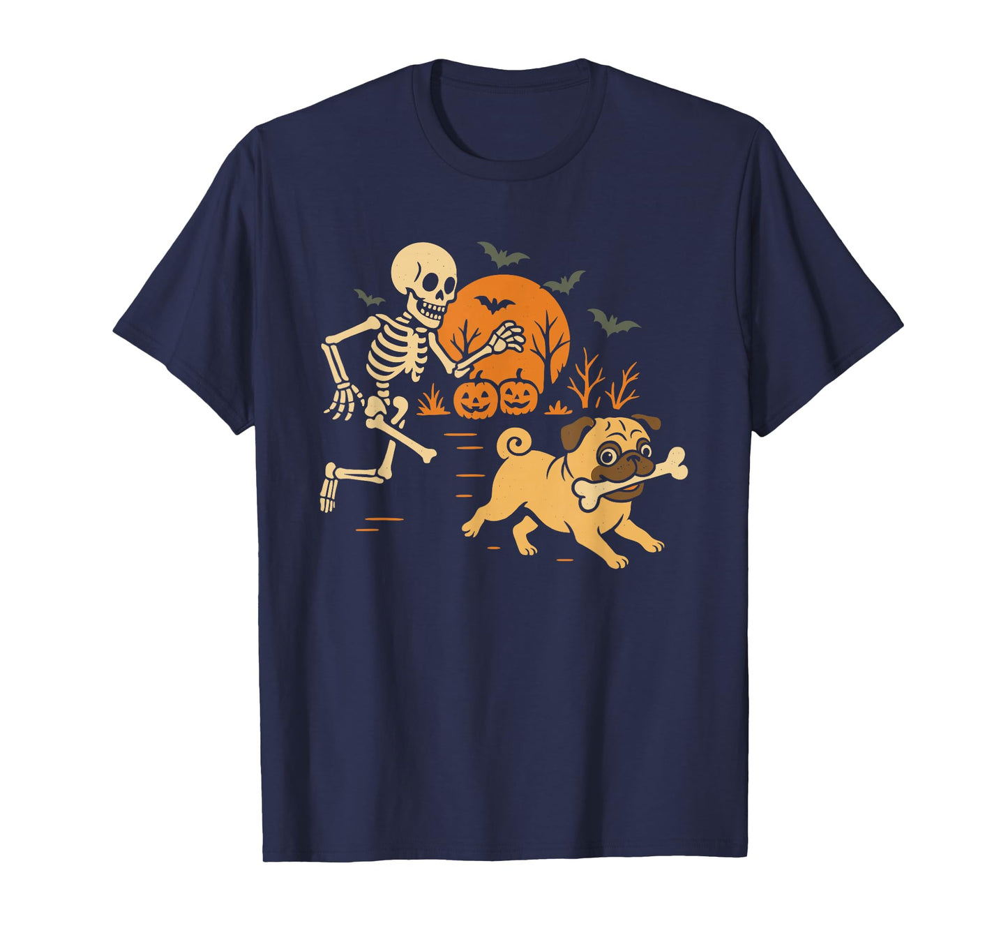 Funny Skeleton Chasing Pug Halloween Costume Dog Lover T-Shirt