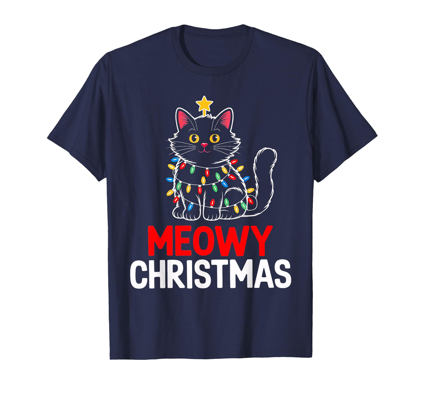 Meowy Christmas Light Black Cat Santa Hat Funny Xmas Pajamas T-Shirt