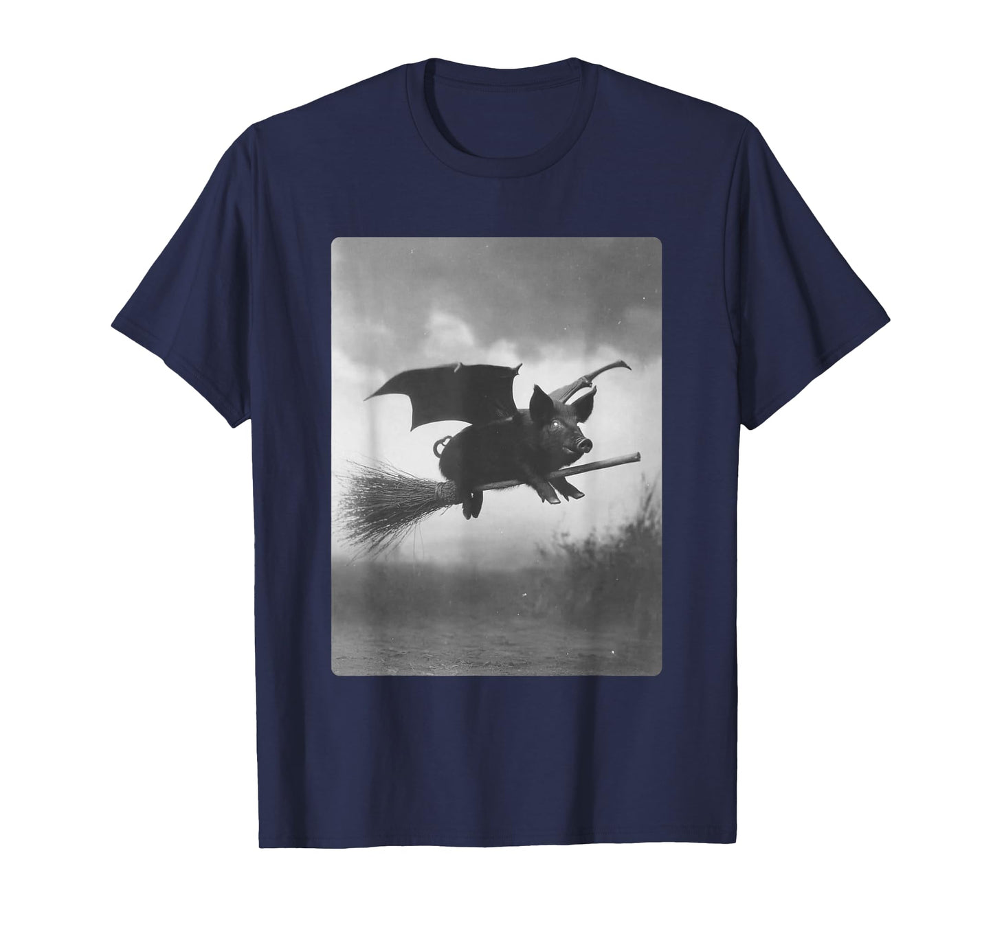 Gothic Pig Witch Broom Bat Wings Spooky Halloween Animal T-Shirt
