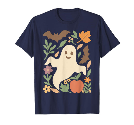 Cute Halloween Ghost All Leaves Bat Apple and Flowers Retro T-Shirt