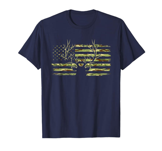 Deer Camo USA Flag Buck Elk Hunting American Hunt Lover T-Shirt