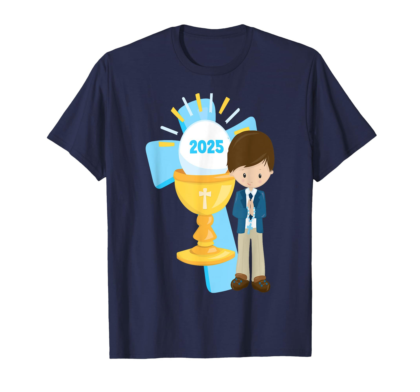 Brunette Boy First Communion 2025 Cross Chalice Rosary Blue T-Shirt