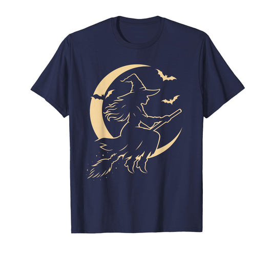 Halloween Witch on Broom Moon Silhouette Spooky Samhain Art T-Shirt
