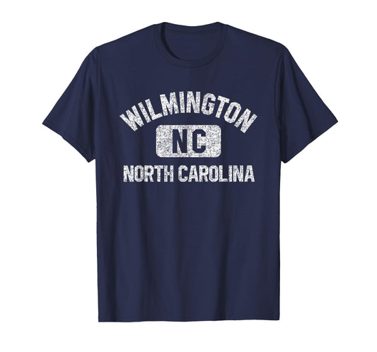 Wilmington North Carolina Gym Style Distressed White Print T-Shirt