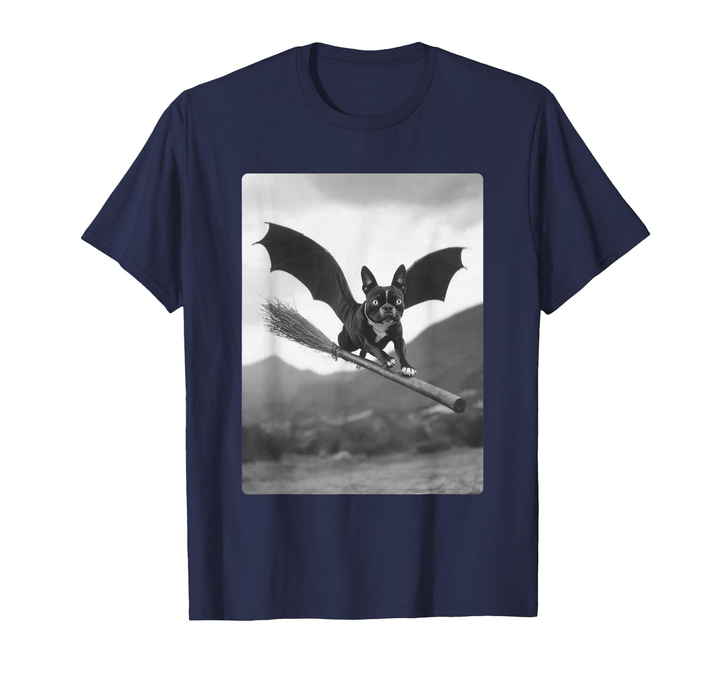 Boston Terrier Witch Broom Bat Wings Spooky Halloween Dog T-Shirt