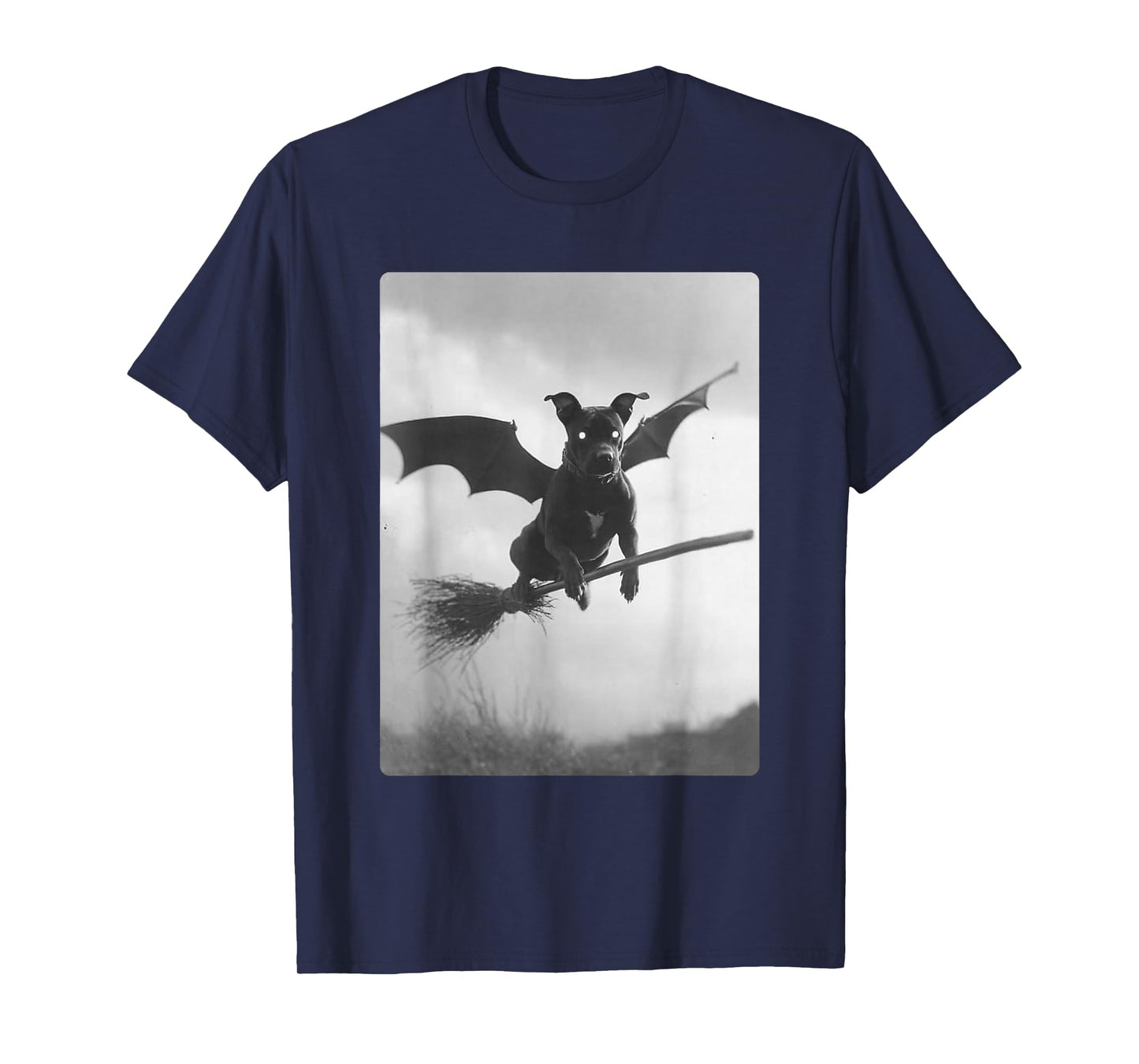 Gothic Pit Bull Witch Broom Bat Wings Spooky Halloween Dog T-Shirt