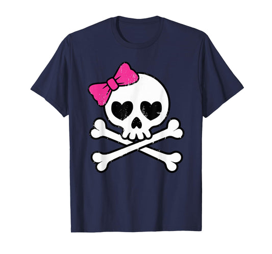 Cute Pretty Pink Skull Crossbones Girl with Hot Pink Bow T-Shirt